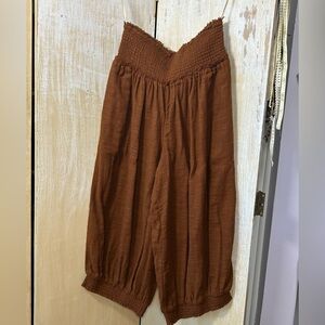Free People Smocked Waist Wide-Leg Cropped Pants in Earthy Brown